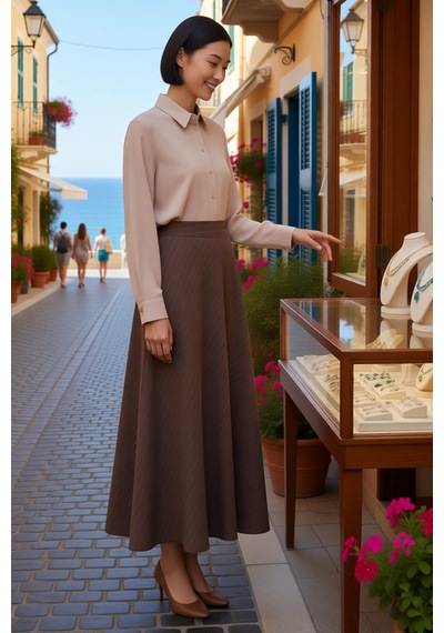 Benerly Kadın A-line Maxi Etek Çizgili Dokuma Kumaş Beli Lastikli Astarsı Kahverengi