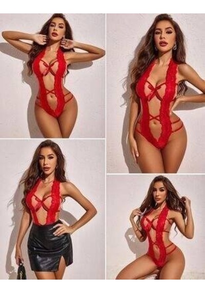 Ang Butik Kadın Kırmızı Dantelli Derin Dekolteli Babydoll