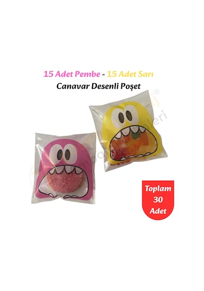 30 Adet Pembe-sarı Renkli Canavar Desenli Cake Pop & Kurabiye Poşeti-10x15 Cm