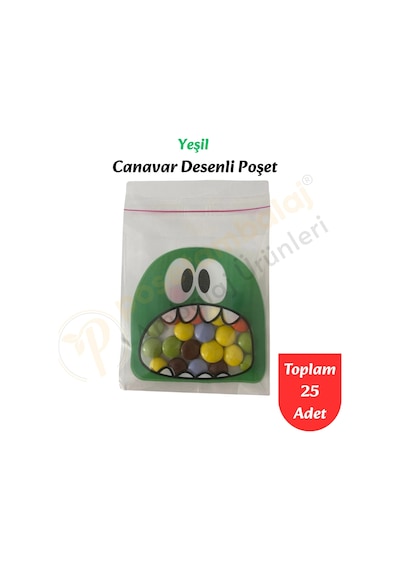 25 Adet Yeşil Canavar Desenli Cake Pop & Kurabiye Poşeti-10x15 Cm