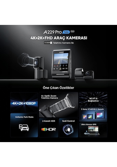 Viofo A229 Pro Tele 3 Kanallı Ön+telefoto+arka 4k+2k+1080p Hdr Sony Starvıs 2 Sensör Gps'li Araç Kamerası