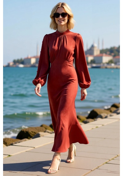 Benerly Kadın Maxi Elbise Balon Kol Dik Yaka Jakar Dokuma Astarsız Rahat Kahverengi