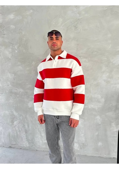 Luz&pos Erkek Üç İplik Parçalı Yakalı Sweatshirt - Kırmızı Kırmızı