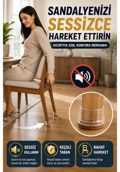 8 Li Keçeli Şeffaf Silikon Sandalye Ayak Koruyucu Sessiz Zemin Çizmez L Beden 30mm