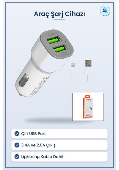 Araç Şarj Cihazı Çift Usb 3.4a 2.0a Hızlı Başlık Lightning Kablo