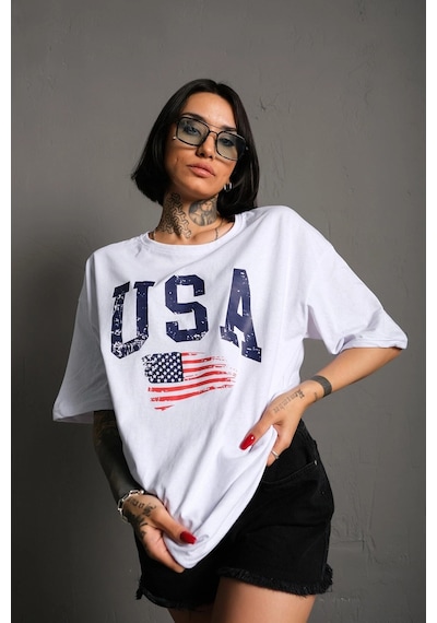 Startmore Usa Flag Baskılı Beyaz Oversize Tişört Beyaz
