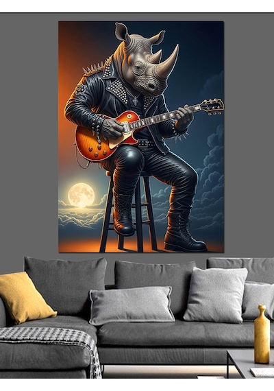 Gitar Çalan Gergedan Çizimi Dekoratif Kanvas - Mdf Ahşap Tablo