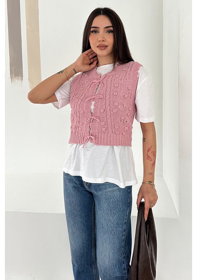 Noa & Noa Kadın Ponponlu Bağlamalı Triko Süveter Dokulu & Romantik Stil Pembe