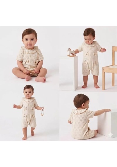 Pekminibebe 3/12 Ay Yakalı Fiyonklu Jakar Kumaş Bebek Tulumu Krem