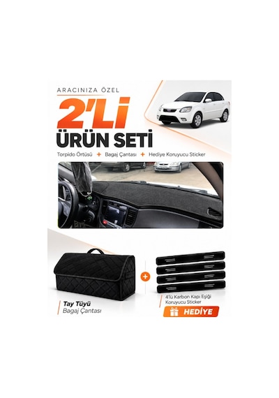 E-biz Kia Rio Pride 2005-2011 Uyumlu Torpido Örtüsü + Tay Tüyü Bagaj Çantası Seti - Siyah - Kı012