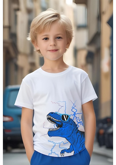 Fyk Kids Gözlüklü Dinazor Baskılı Erkek Çocuk Alt-Üst Takım - Mavi