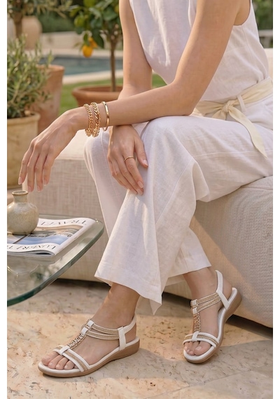 Concetta Guja İthal Özel Seri Altın Taş Detaylı Ortopedik Kadın Sandalet Beyaz
