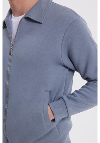 Tudors Unisex Relax Fit Rahat Kesim Pamuklu İç Polarlı Fermuarlı Gri Polo Yaka Flato Cepli Sweatshirt Hırka-41977 Gri