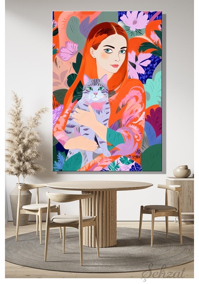 Dikey Kanvas Duvar Tablosu Tekli Salon Yatak Odası Ofis Botanik Desenler Kedi Kızıl Saçlı Kadın Çok Renkli