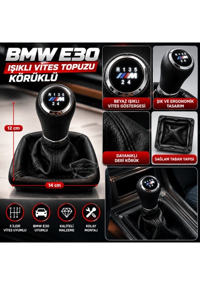 Bmw E30 Uyumlu Led Işıklı Deri Vites Topuzu Ve Körüğü Set Körüklü Vites Topuzu 5 İleri 1 Geri Siyah