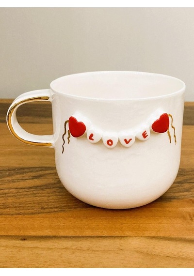 24 Ayar Altın Detaylı, Kalp Kabartmalı, El Yapımı, Kalpli Mug, 300 Ml, Heart Mug, Love Mug Beyaz - Çok Renkli