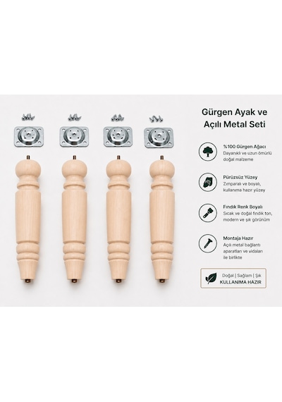 Turkıshrug Kıngdom 4'lü Gürgen Ahşap Tornalı Ayak Mobilya Ayağı Koltuk Ayağı Gürgen Koltuk Ayağı Baza Ayağı Tv Ünitesi Ayağı 30 Cm Natural