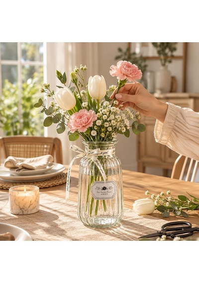 04286 Çizgili Cam Vazo 1300 Ml Kurdele Detaylı Şeffaf Vazosu 22 Cm Çok Renkli
