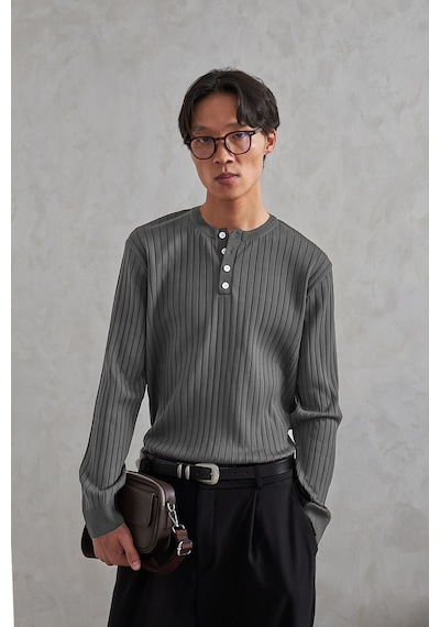 Erkek Fitilli Henley Yaka Düğmeli Triko Kazak Koyu Füme