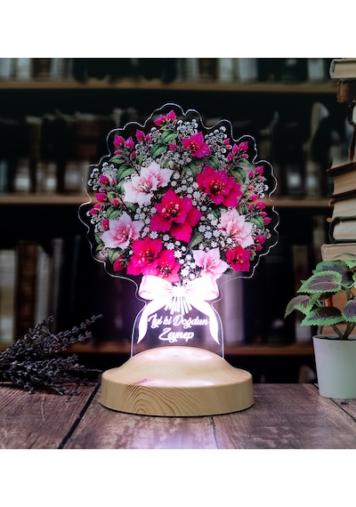 Begonvil Çiçek Buketi Işıklı Led Lamba - Kadına Sevgiliye Doğum Günü Hediyesi Pembe Begonvil Solmayan Çiçek Lambası Begonvil Buketi