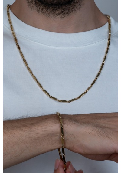 Gold Kaplama Bambu Küp Unisex Çelik Kolye Ve Bileklik Seti Eck05S Altın