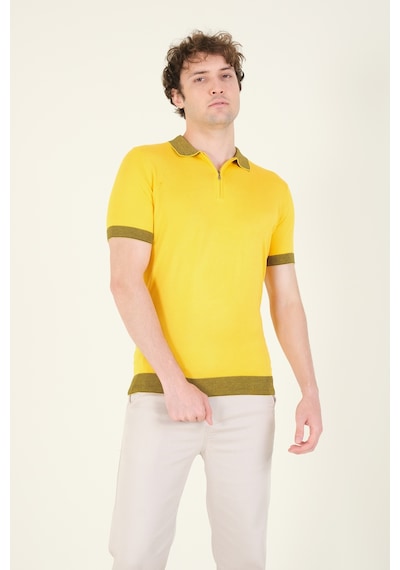 Giyim Dünyası Erkek Renkli Yaka Yarım Fermuarlı Polo Yaka Merserize T-shirt Sarı 001