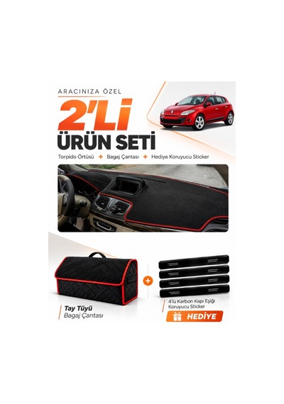 E-biz Renault Megane 3 Lif Ekran 2008-2015 Uyumlu Torpido + Tay Tüyü Çanta - Siyah-kırmızı - Re023