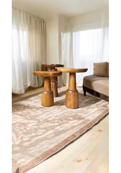 Wood Ahşap 3 Lü Set Mantar Yan Sehpa / Tik Ağacı Renk / Zigon Sehpa Tik Ağacı