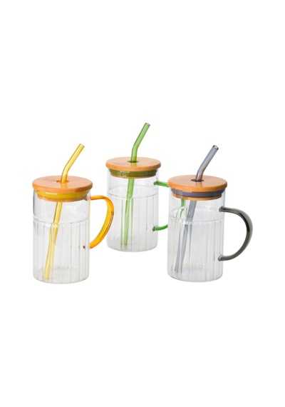 Bambu Kapaklı Cam Pipetli Kupa 420 Ml Sarı