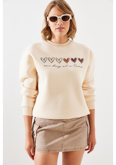 Shade Kadın Üç İplik Şardonlu Renkli Kalp Baskılı Sweatshirt Mbhs007 60601007 - Bej