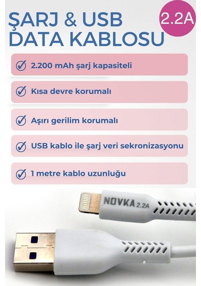 Novka NVK01 Lightning Uyumlu 2.2 A Usb Şarj Kablosu 1 M