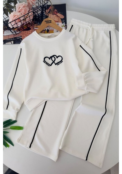 Minigimin Cicileri Two Hearts Şerit Detaylı Kız Çocuk Eşofman Takımı - Beyaz