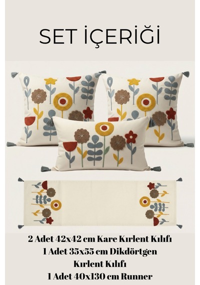 Flora Garden 4 Lü Punch Nakışlı Kırlent & Runner Seti 2 Kare + 1 Dikdörtgen Kırlent Kılıfı + 1 Runner Amerikan Servis Gri