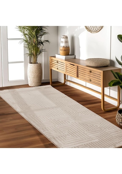 Kabartmalı Yumuşak Geometrik Desenli İskandinav Bohem Tarzı Halı Bej Tonlarında Bej