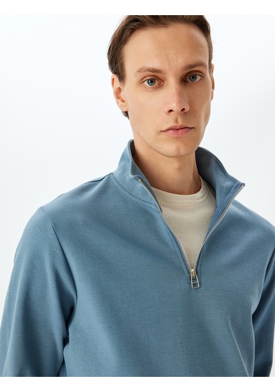 Koton Uzun Kollu Pamuklu İnterlok Kumaş Yarım Fermuarlı Sweatshirt Mavi 5sam70002mk Mavi