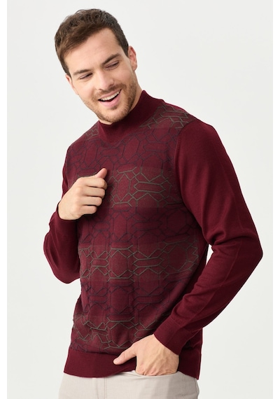 Erkek Yarım Balıkçı Yaka Önü Desenli Kazak Bordo Bordo