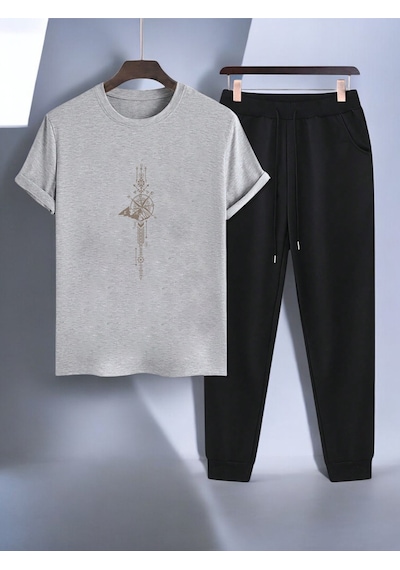 Uyguntarz Unisex Zaman Pusulası Tasarım Basklı Tshirt Eşofman Takımı Gri