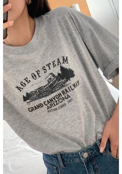 Unisex Age Of Steam Baskılı Tasarım Tshirt Gri