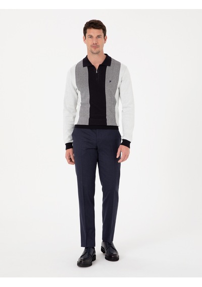 Cacharel Lacivert Slim Fit Pamuk Karışımlı Fermuarlı Polo Yaka Triko Kazak