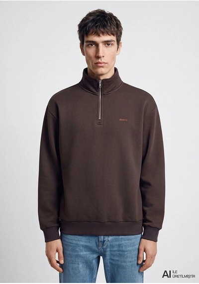 Mavi Logo Yarım Fermuarlı Sweatshırt Aft Kahverengi