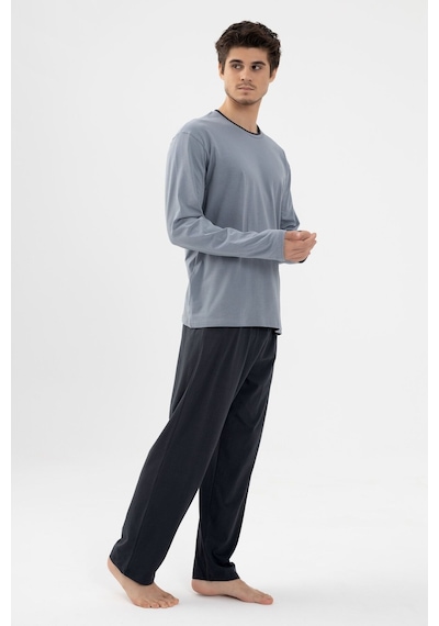 Erkek Pamuklu Double Yaka Uzun Kollu Cep Detaylı Pijama Takımı Ko60112 Gri