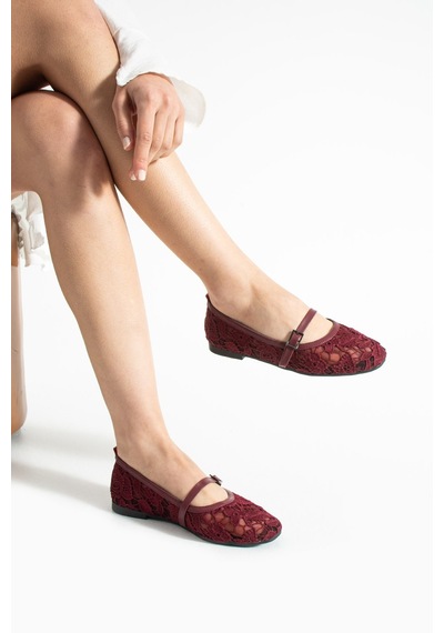 Dabab Shoes Merına Kadın Bordo Düz Babet Dantel Dokuma Çiçek Desenli Tokalı Düz Ayakkabı