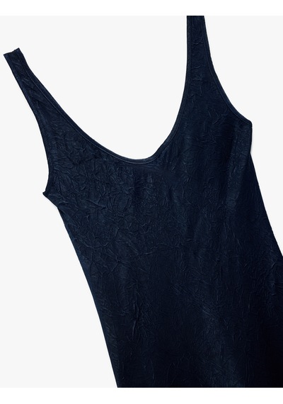 Koton Slim Fit Kolsuz U Yaka Kalın Askılı Uzun Saten Elbise Lacivert 6wak80025uw