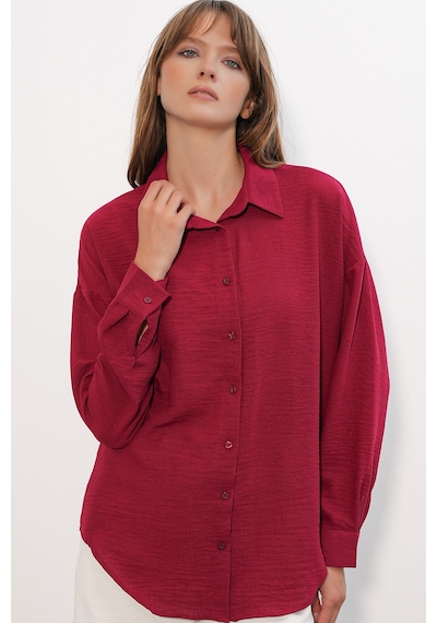Bigdart Kadın Oversize Keten Gömlek 20338 - Bordo