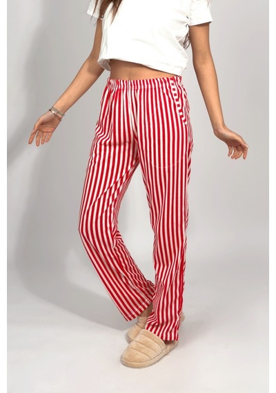 Kadın Cepli Pamuklu Lastikli Bel Kurdeleli Desenli Pijama Altı Kırmızı