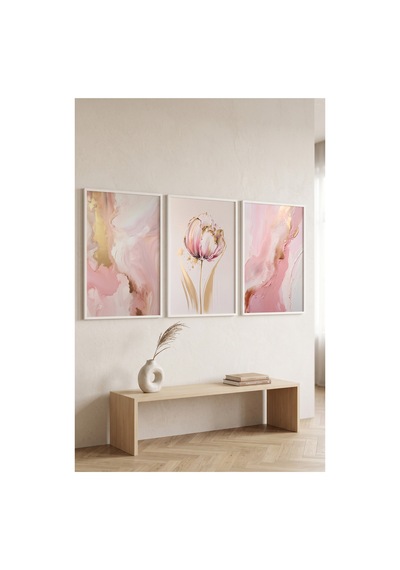 Beyaz Ahşap Çerçeveli Pembe Çiçekli Soyut Duvar Tablosu Modern Sanat Dekorasyonu Kabartma Görünümlüdür Beyaz