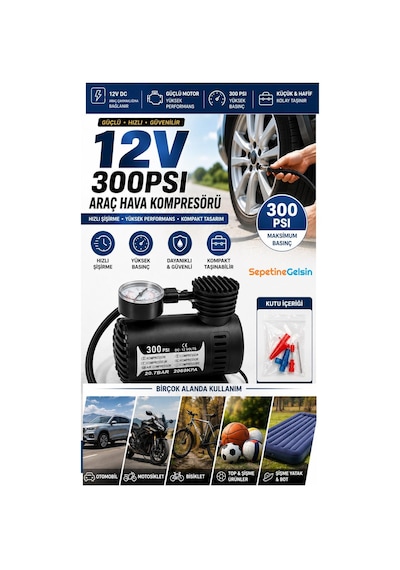 Sepetinegelsin Taşınabilir Oto Hava Kompresörü Çakmaklık İle Çalışır 12v 300 Psi