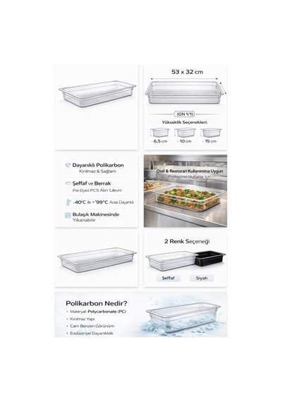 1/1 Gn Şeffaf Polikarbon Gastronom Küvet 53x32 Cm 15 Cm Derinlik