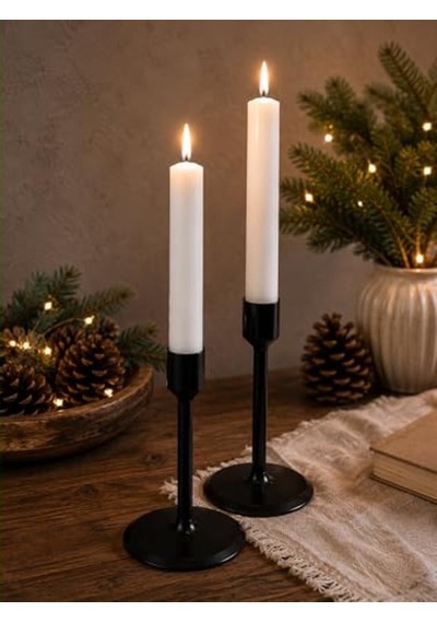 Modern Şamdan Seti, Siyah, 2'li, 13 Cm, Dekoratif Mumluk, Yuvarlak Tabanlı 01G Taba