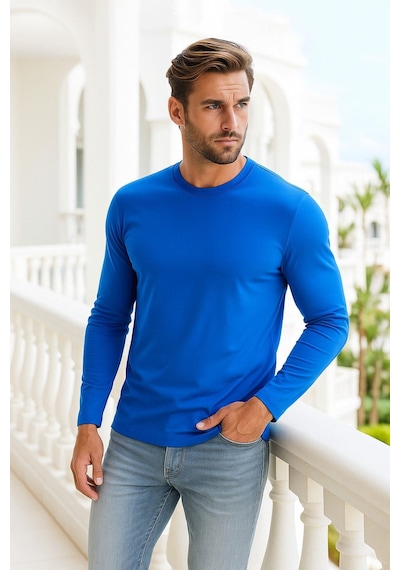 Rich Erkek Uzun Kollu Bisiklet Yaka Tişört - %100 Pamuk Basic Relaxed T-shirt Mavi